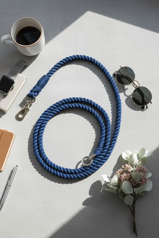 Denim dark blue rope dog leash lifestyle product photoshoot modern accessories