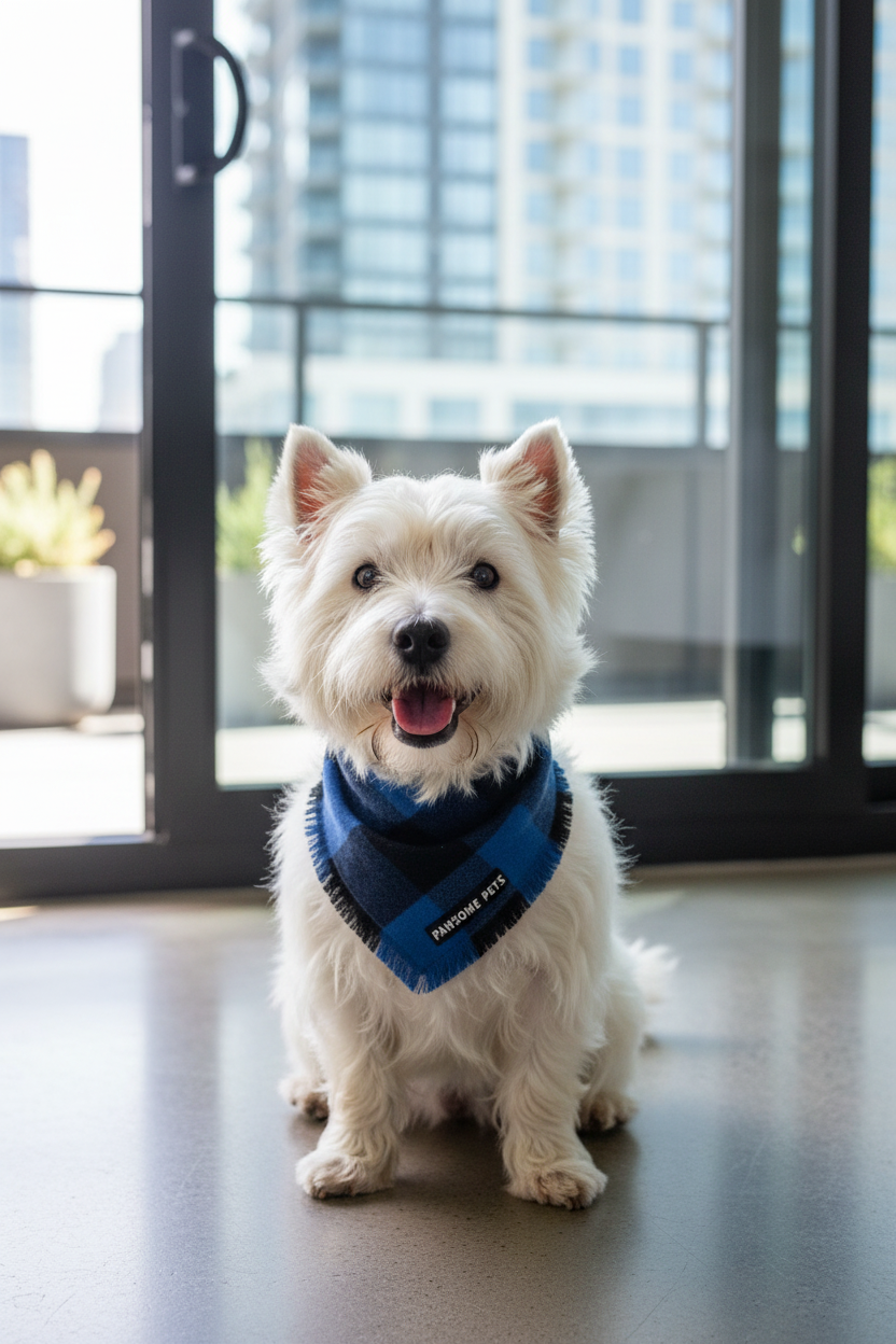 Stylish small dog wearing blue black plaid Grayson bandana fashionable pet accessory