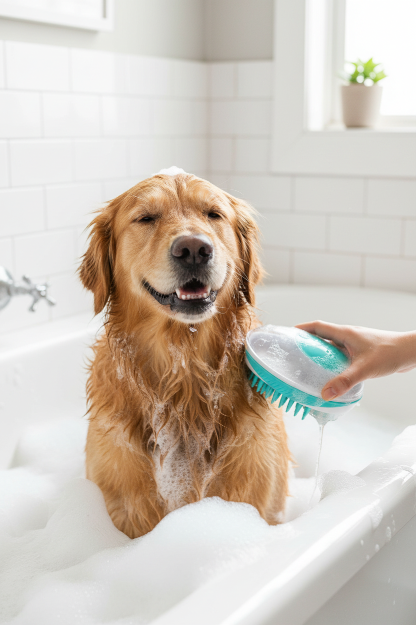 Dog bath time grooming with wet brush rubber nubs deshedding happy pet