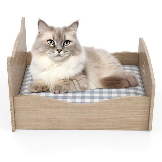 Elevated Pet Bed Frame with Cute Ear Headboard - Walnut Wood for Cats & Small Dogs