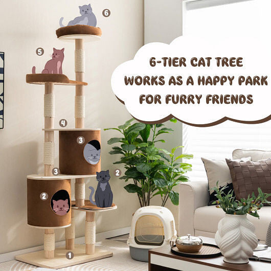 6-Tier Wooden Cat Tree with 2 Removeable Condos Platforms and Perch-Brown