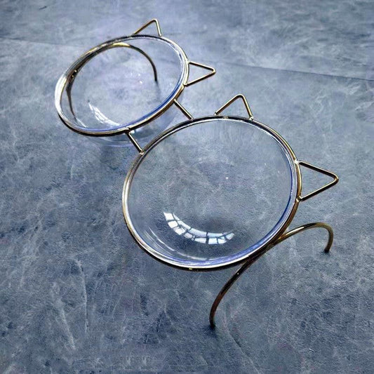 Elevated Glass Cat Bowl - Sparkling Crystal Bowl with Metal Stand