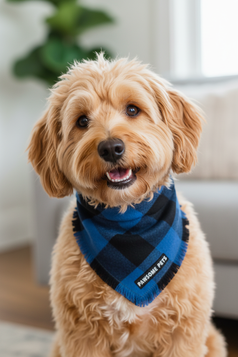 Close up dog wearing blue black plaid Grayson bandana with fringe and PAWSOME PETS logo