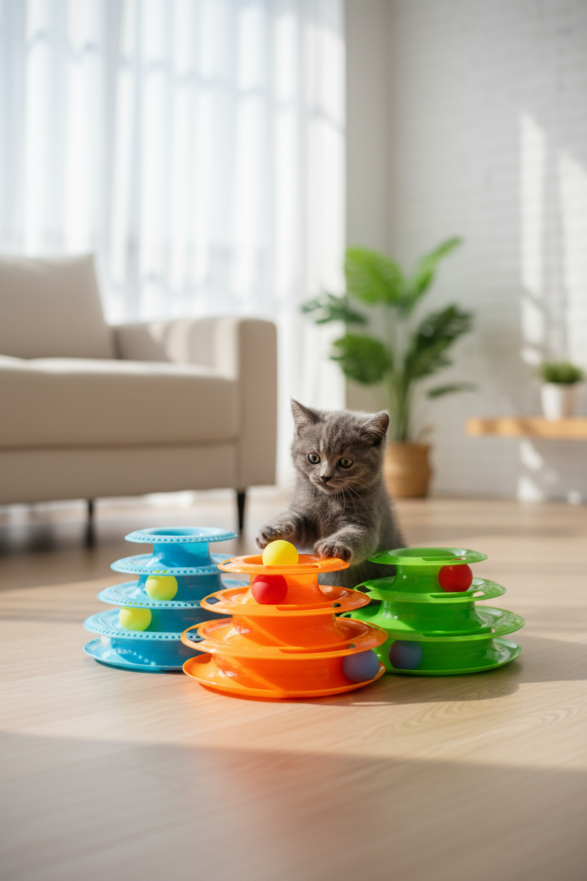 Playful cat batting at colorful balls in 3-layer interactive track tower toy