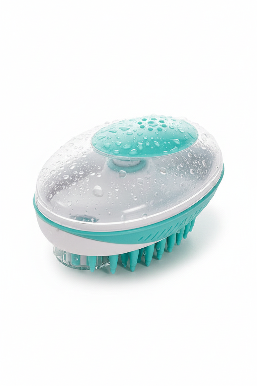 Close up wet grooming brush rubber nubs paw print ergonomic design detail