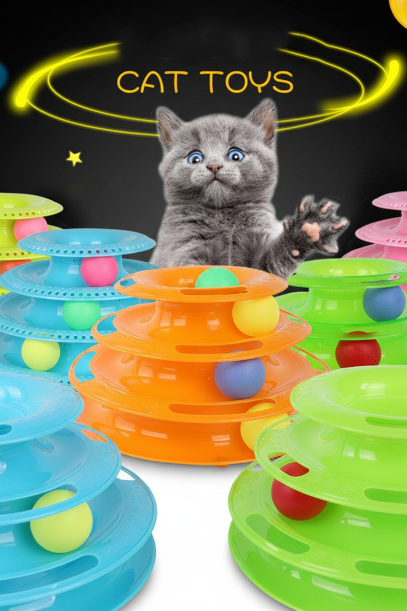Close up interactive cat ball tower 3-layer track colorful rolling balls