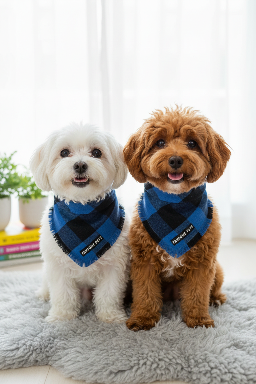 Two dogs wearing matching blue black plaid Grayson bandanas pet fashion photo
