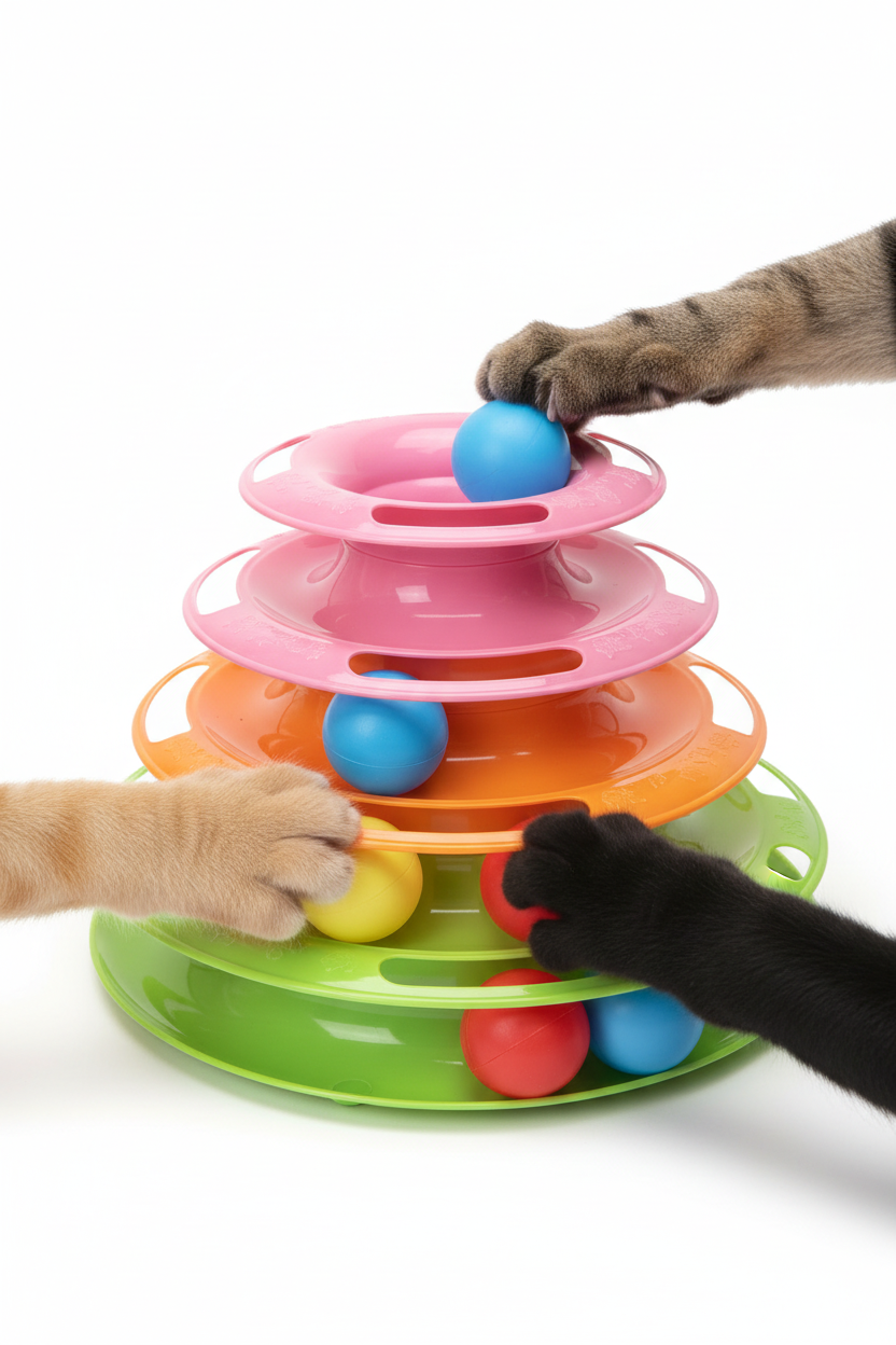 3-layer interactive cat ball tower top view showing all tracks mental stimulation