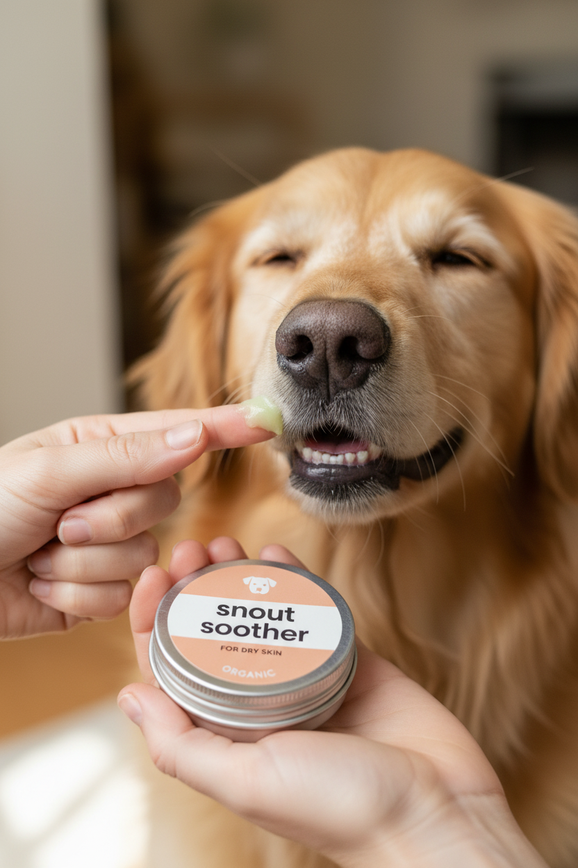 Applying natural nose balm to dog with dry nose caring pet owner moment